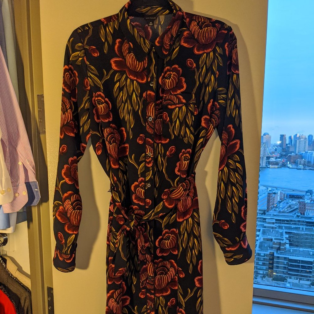 Rose Motif Tie-Waist Shirt Dress